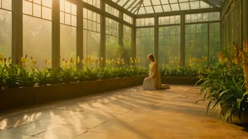 Figura en un invernadero de lirios azules