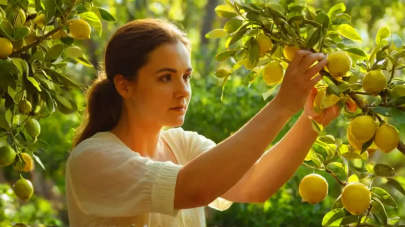 Mujer inspecciona un limonero bajo el sol
