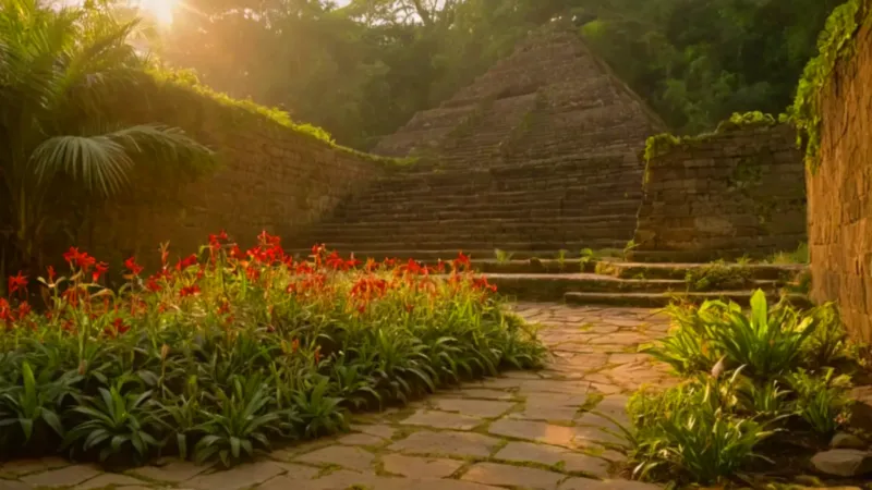 Figura solitaria contempla flores entre las ruinas