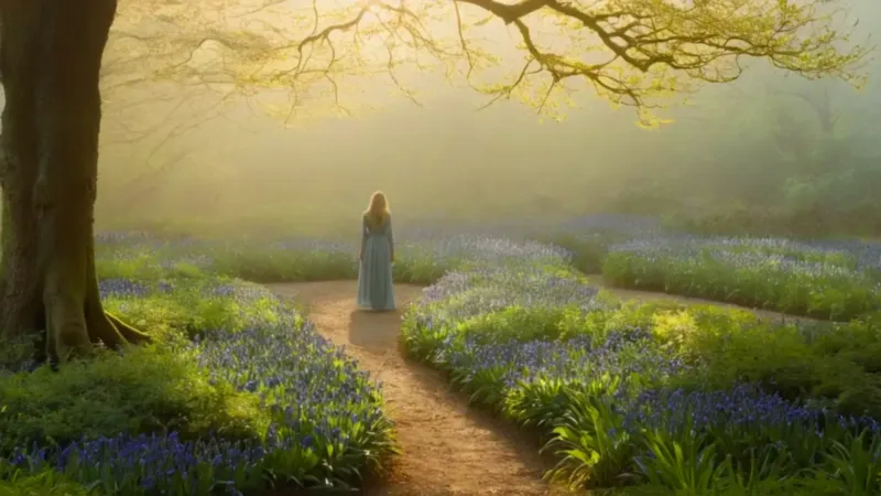 Mujer contempla el brumoso jardín matutino