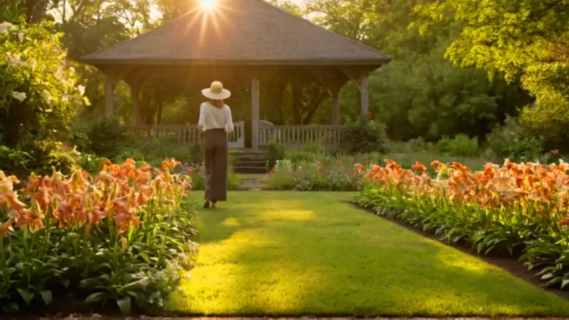 Mujer cuidando su jardín al atardecer