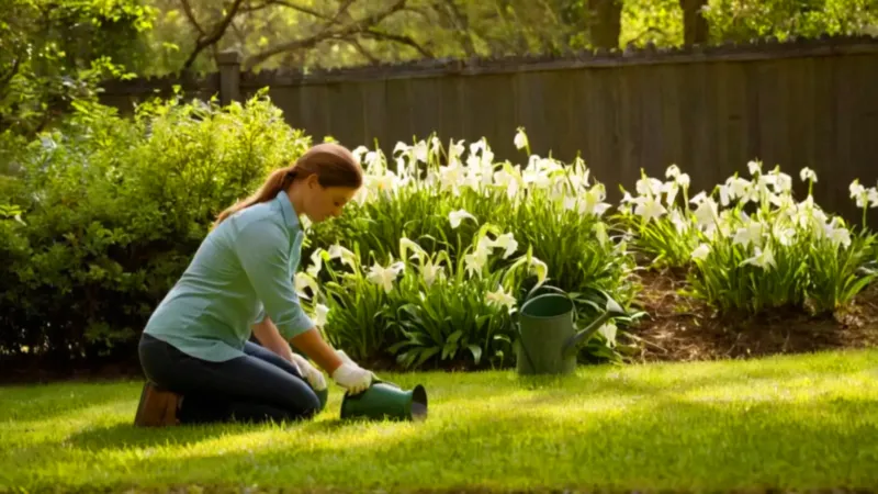 Una mujer cuida lirios en el jardín