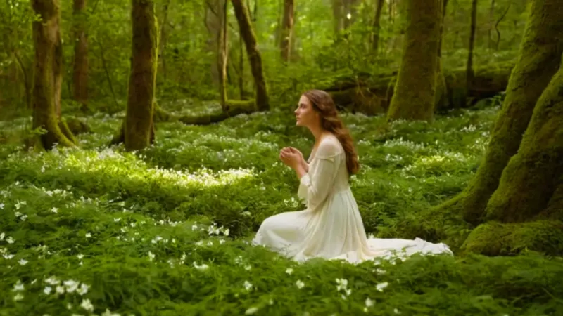 Mujer iluminada en un bosque de flores