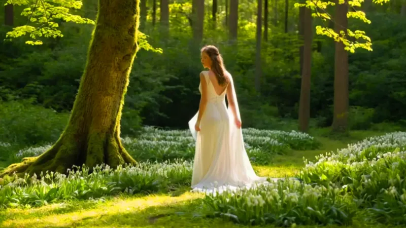 Mujer arrodillada en un bosque florido