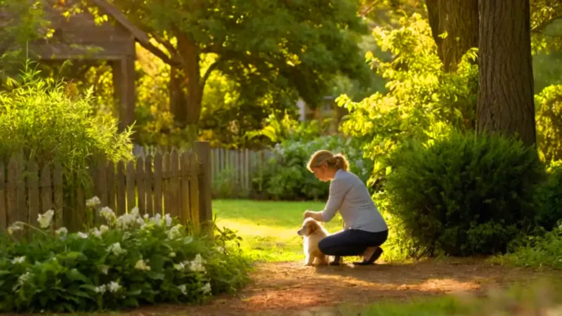 Mujer arrodillada en el jardín con su perro
