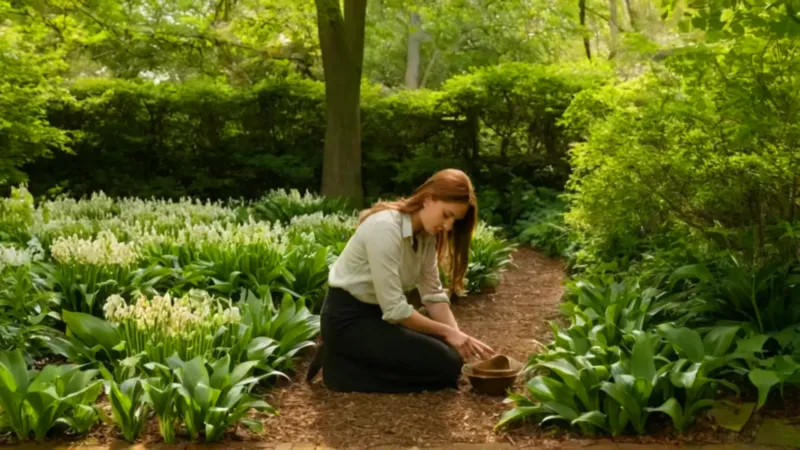 Una mujer arrodillada, su perro la vigila