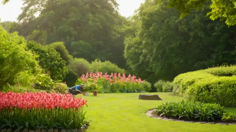 Jardinero cuida lirios bajo el sol