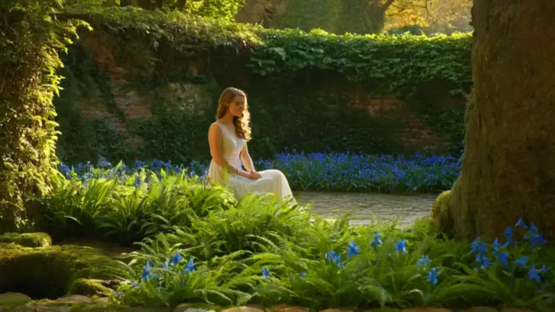 Mujer contempla lirios en un jardín sereno