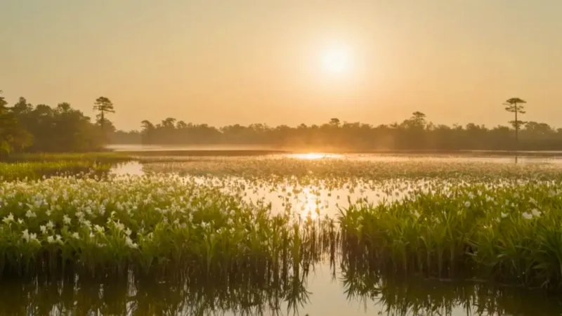 Pantano sereno bajo una luz dorada