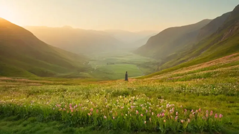 Figura solitaria en un valle de flores