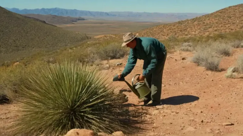 Regando una planta en el paisaje árido