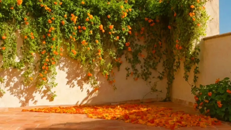 Persona cuida una pared de flores naranjas