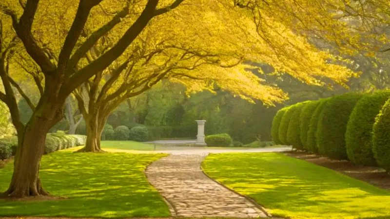 Hombre bajo inmensos árboles en flor