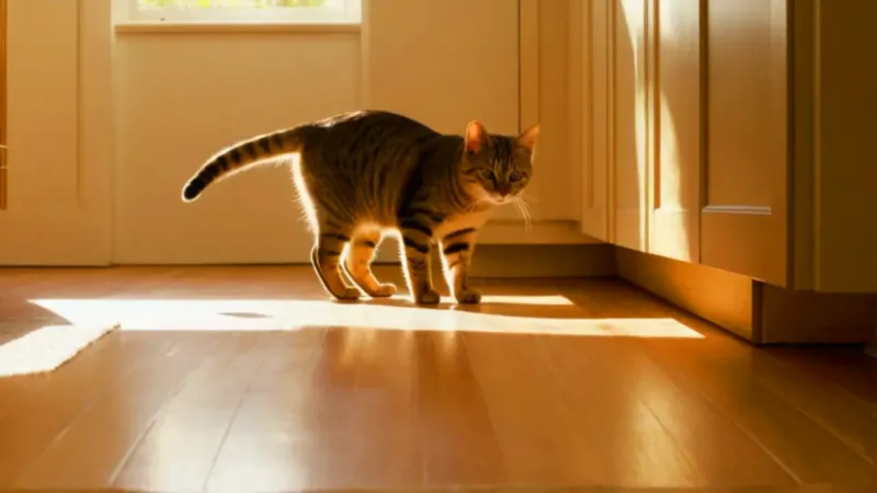 Gato y persona en un haz de luz