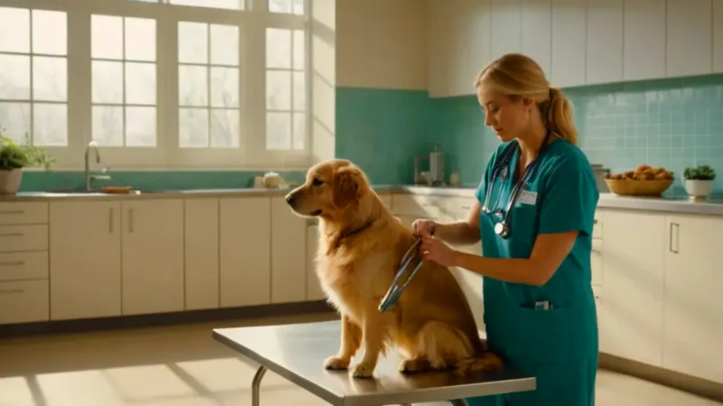 Veterinaria ausculta a un perro tranquilo