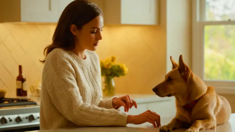 Mujer y perro conectan en la cocina