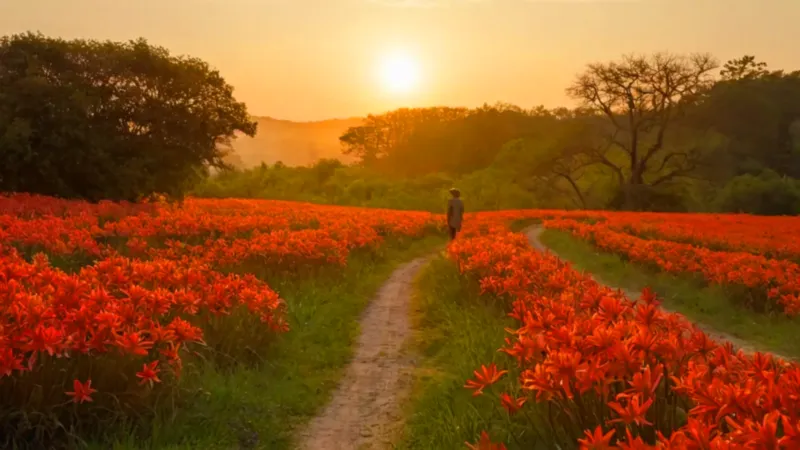 Camina solitario entre un campo de flores