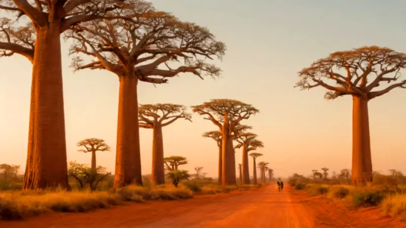 Una figura solitaria camina entre baobabs gigantes