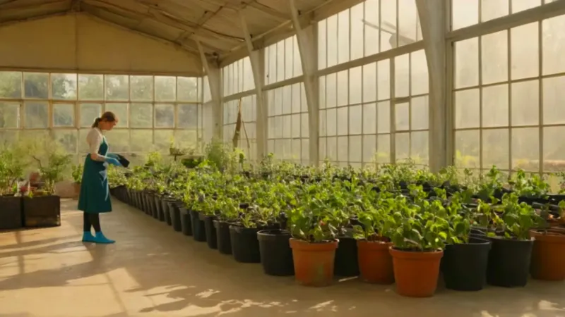 Mujer rodeada de plantas en un invernadero