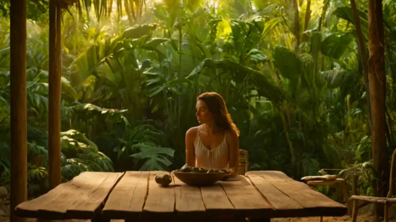 Mujer preparando alimentos en un entorno selvático