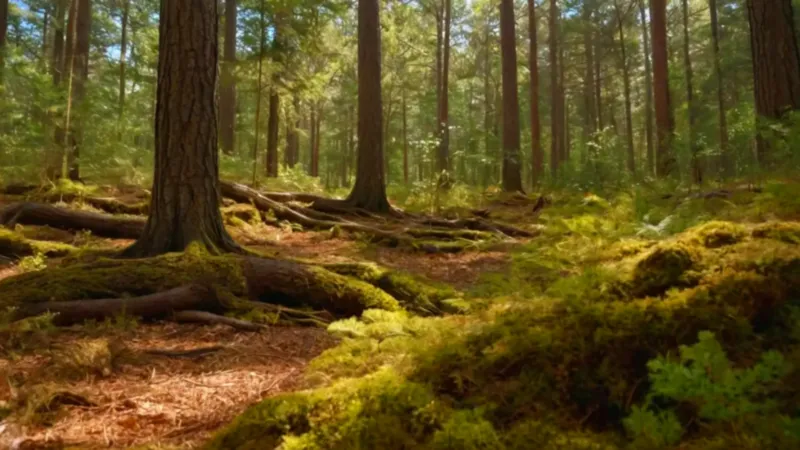 Una figura observa la inmensidad del bosque