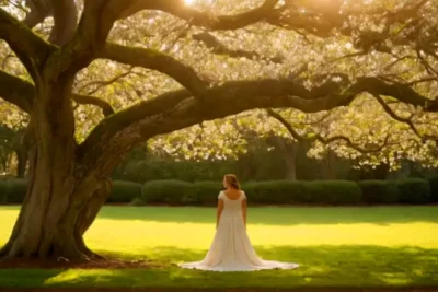 Luz dorada baña a mujer y magnolio