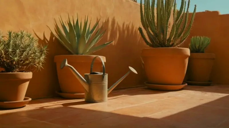 Alguien riega plantas en un patio soleado