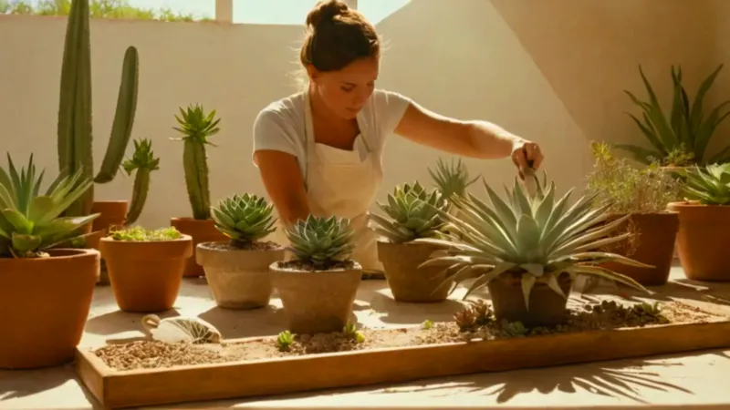 Jardinero trasplantando un agave en su taller