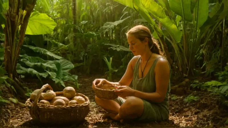 Mujer pela raíces en la selva
