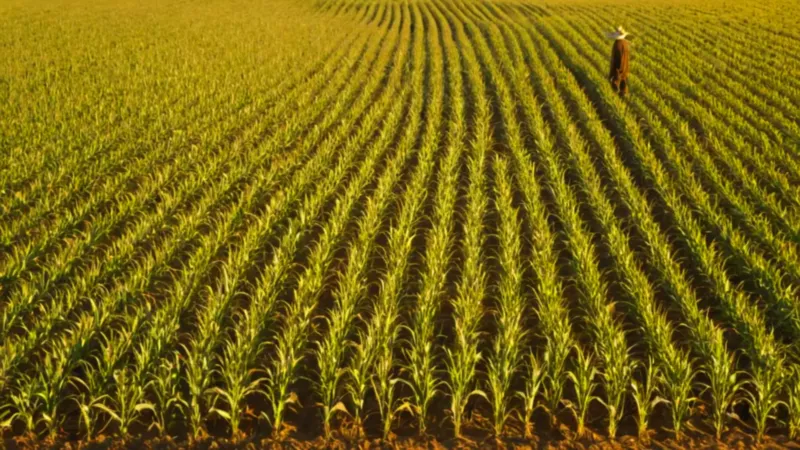 Un agricultor observa el maizal al atardecer