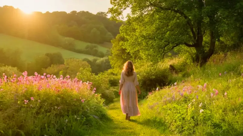 Una mujer recoge flores en el campo
