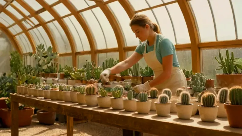 Una persona cuida cactus en un invernadero