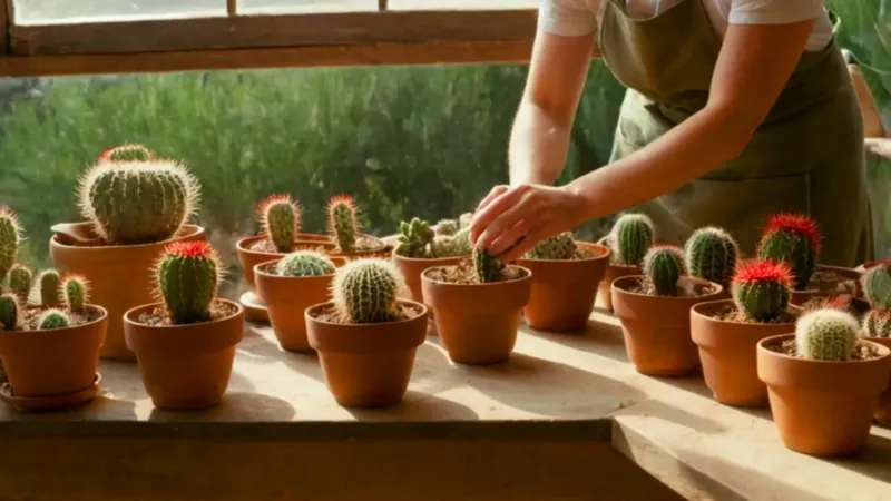 Alguien cuida cactus en un invernadero