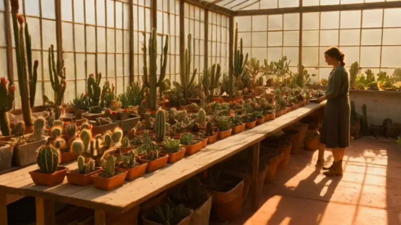 Persona cultiva cactus en un invernadero