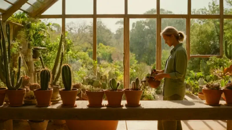 Mujer entre plantas en un invernadero soleado