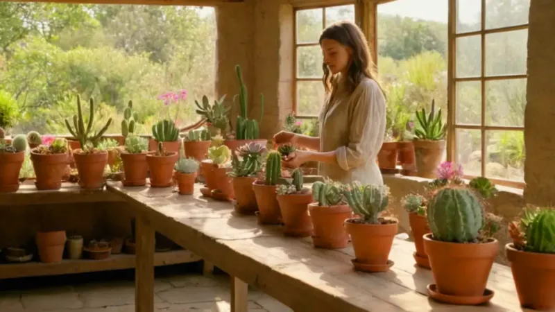 Persona cuidando cactus en un invernadero