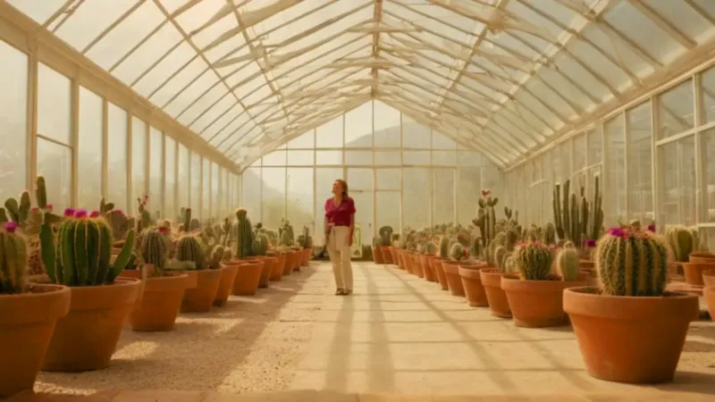 Persona en un luminoso invernadero de cactus