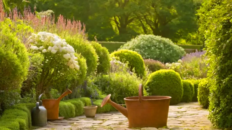 Una persona riega plantas bajo el sol