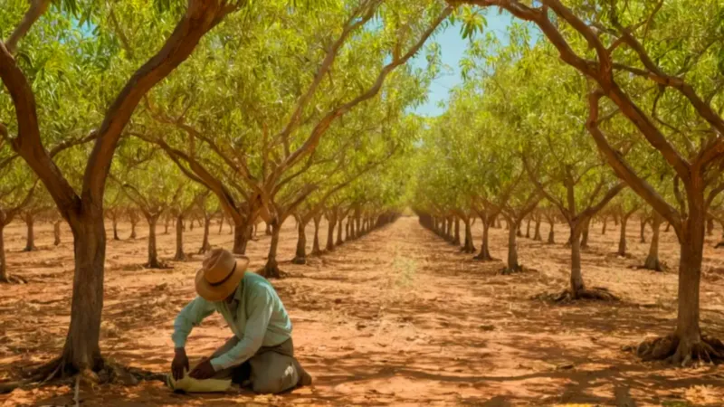 Una persona cuida un joven mango