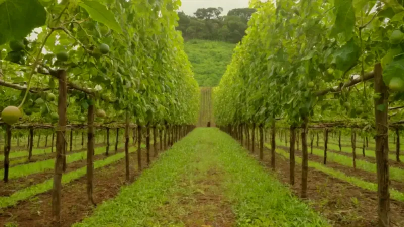 Un agricultor cuida su cultivo de maracuyá