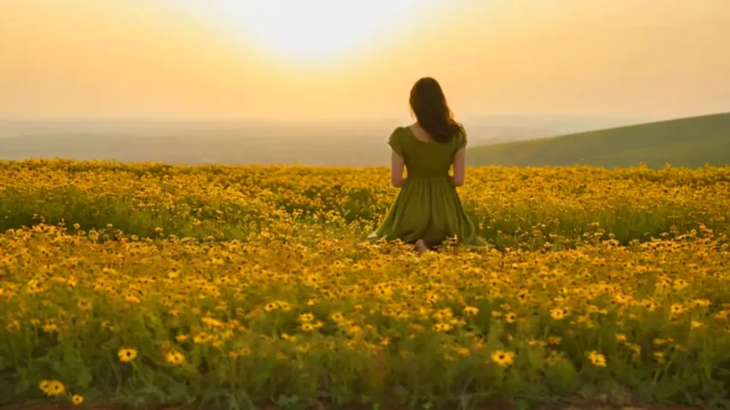 Figura en un campo de flores doradas