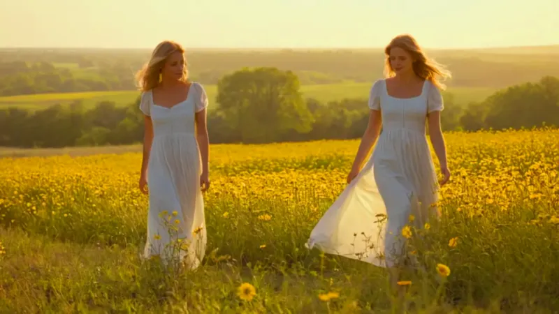 Dos figuras caminan en un prado dorado