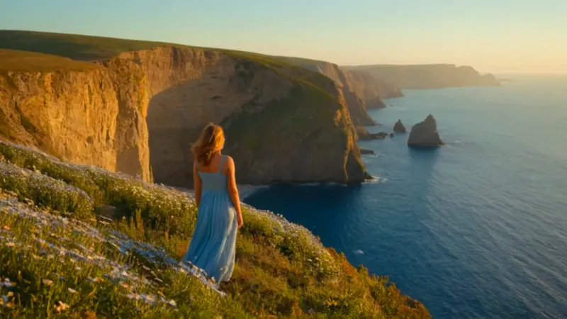 Mujer contempla el mar dorado al atardecer