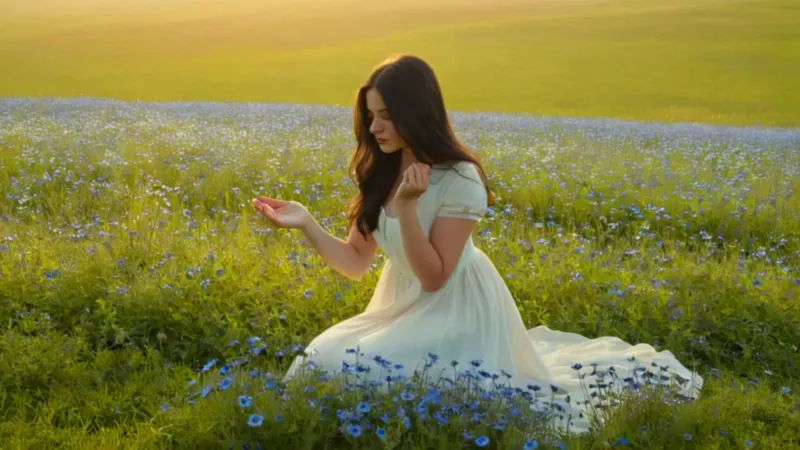 Mujer arrodillada entre un mar de flores