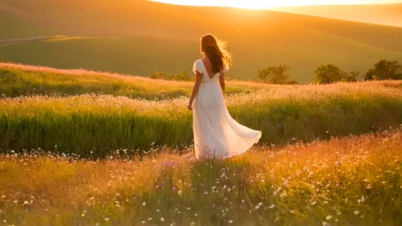 Una mujer contempla el atardecer dorado