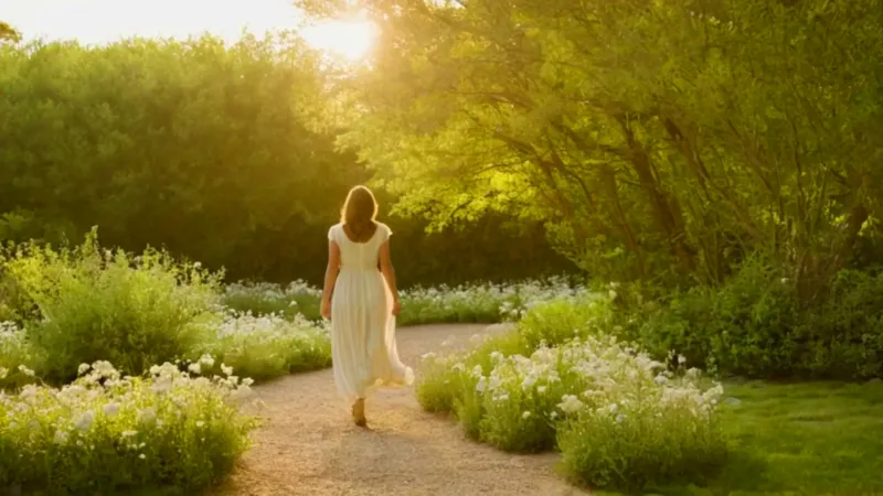 Mujer en un jardín de luz dorada