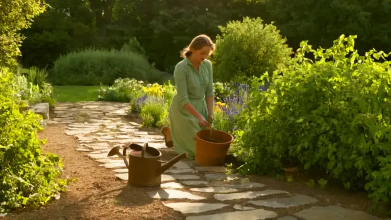 Una mujer cuida su huerto soleado