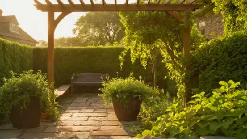 Una persona cuida el jardín al atardecer