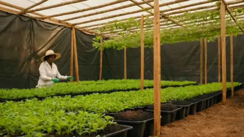 Una persona cuida plantones en un vivero