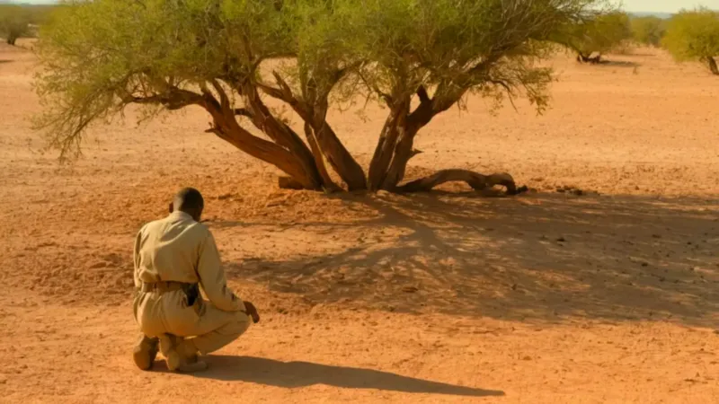 Figura arrodillada en el yermo al atardecer